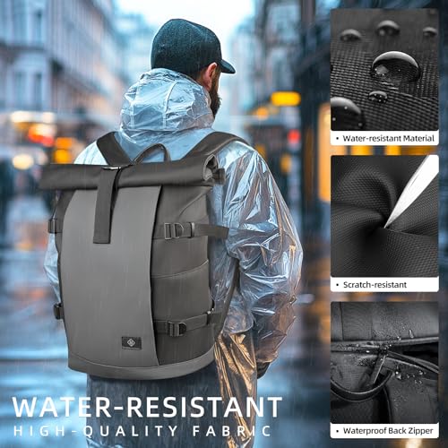 Rolltop Backpack for Men Women, Expandable Travel Laptop Backpack | 15.6 Inch Casual Daypack with Computer Compartment,19-28L Water-Resistant Business Backpack Bag for Commute Work College-Grey - color: Grey