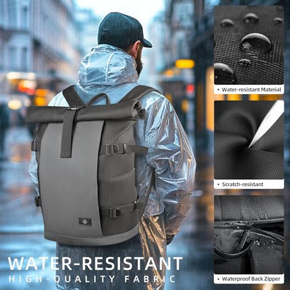 Rolltop Backpack for Men Women, Expandable Travel Laptop Backpack | 15.6 Inch Casual Daypack with Computer Compartment,19-28L Water-Resistant Business Backpack Bag for Commute Work College-Grey - color: Grey