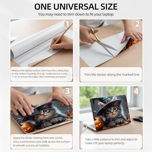 Halloween Witch Cat Universal Laptop Skin Sticker 3PCS, Protective Decal Trim-to-Fit 11.6" 13.3" 14" 15.6" Laptop Vinyl Cover, Removable Anti-Scratch Computer Decal Protector - color: Halloween Witch Cat