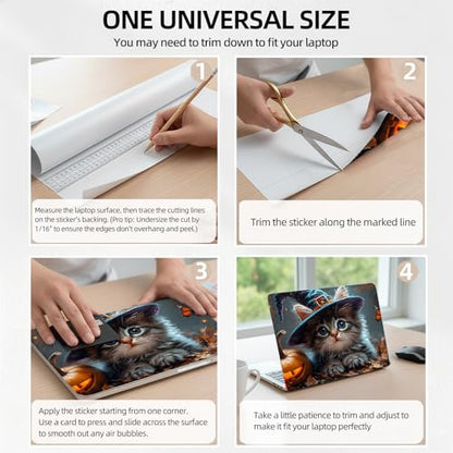 Halloween Witch Cat Universal Laptop Skin Sticker 3PCS, Protective Decal Trim-to-Fit 11.6" 13.3" 14" 15.6" Laptop Vinyl Cover, Removable Anti-Scratch Computer Decal Protector - color: Halloween Witch Cat