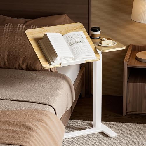 BZIUM Overbed Bedside Table with Hidden Wheels, Adjustable Medical Tilt Top Hospital Bed Table Over The Bed, Rolling Desk Mobile Standing Desk (31.5x15.8, Maple) - color: Maple, size: 31.5x15.8 Inch