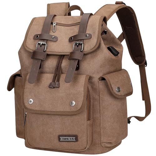 WITZMAN Canvas Backpack for Men Vintage Rucksack Fits 15.6 inch Laptop | Drawstring Backpack, Travel High Capacity Casual Daypack with USB Charging Port, For Vacation, Overnight Trip, A8004 Brown - color: Brown