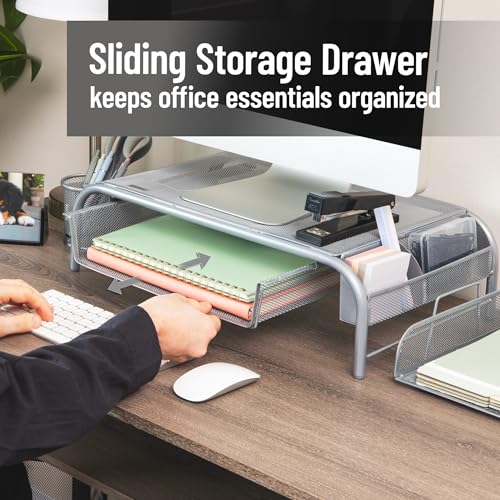 Mind Reader Monitor Stand, Ventilated Laptop Riser, Paper Tray, Storage, Office, Metal Mesh, 20"L x 11.5"W x 5.5"H, Silver - color: Silver