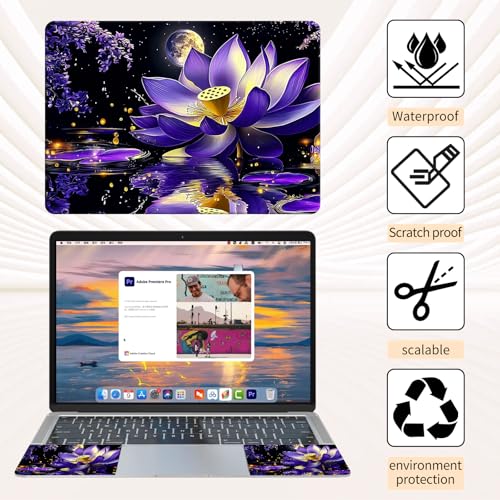 15.6 Inch Laptop Skin Sticker, Reusable Vinyl Cover Protector with 2 Wrist Pad Skins, Removable Waterproof Scratch-Resistant for 12-15.6 Inch Laptop Notebook,Purple Lotus Flower Blooms - color: Purple Lotus Flower Blooms