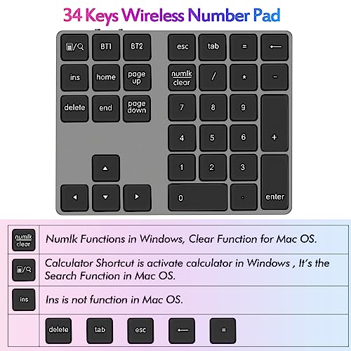 Foloda Bluetooth Number Pad for Laptop, Wireless 10 Keys USB Number Keypad, Rechargeable Numeric Keypad Numpad Extensions Data Entry Keyboard for PC iMac MacBook Notebook - color: Grey