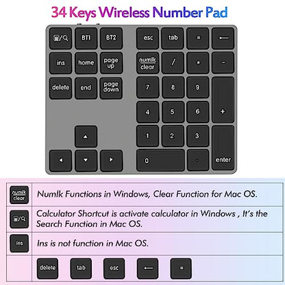 Foloda Bluetooth Number Pad for Laptop, Wireless 10 Keys USB Number Keypad, Rechargeable Numeric Keypad Numpad Extensions Data Entry Keyboard for PC iMac MacBook Notebook - color: Grey