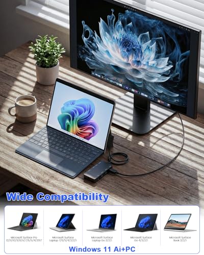 10-in-1 Surface Docking Station for Surface Pro & Laptop, 4K@60Hz HDMI, USB-C & USB 3.0 Ports, SD/TF Card Reader, Gigabit Ethernet, PD Charging, Magnetic Surface Connect
