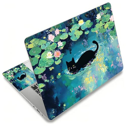 Laptop Skin Sticker Decal, Universal Reusable Vinyl Laptop Cover for 12" 13" 13.3" 14" 15" 15.4" 15.6" Notebook PC, Reusable Waterproof Scratch-Resistant with 2 Wrist Pads,Black Cat Lotus - color: Black Cat Lotus