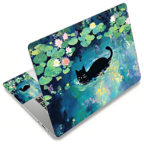 Laptop Skin Sticker Decal, Universal Reusable Vinyl Laptop Cover for 12" 13" 13.3" 14" 15" 15.4" 15.6" Notebook PC, Reusable Waterproof Scratch-Resistant with 2 Wrist Pads,Black Cat Lotus - color: Black Cat Lotus