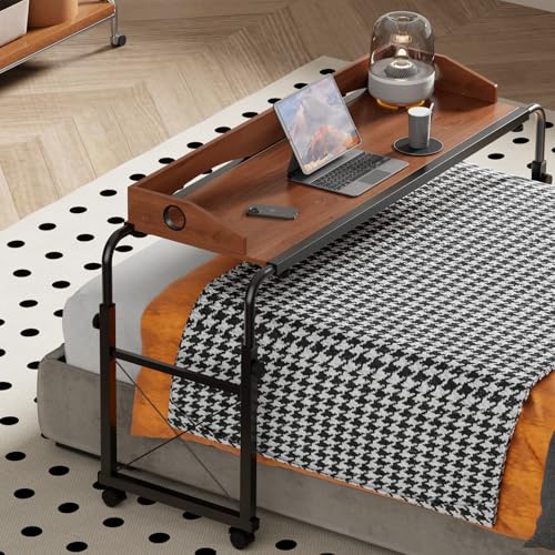Overbed Table with Wheels, Adjustable Queen Size Bed Desk, Oaken | Fits Twin To King Beds, Adjustable Height & Length Rolling Over Bed Table For Hospital and Home, with 4 Locking Casters - color: Oaken