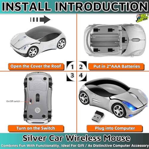 Silver Car Mouse，1600DPI 2.4G with USB Reciver Computer Mice for Computer Wireless Computer Mouse Wireless Cute Wireless Mouse for Laptop Tablet for Windows Mac OS（Silver） - color: Silver