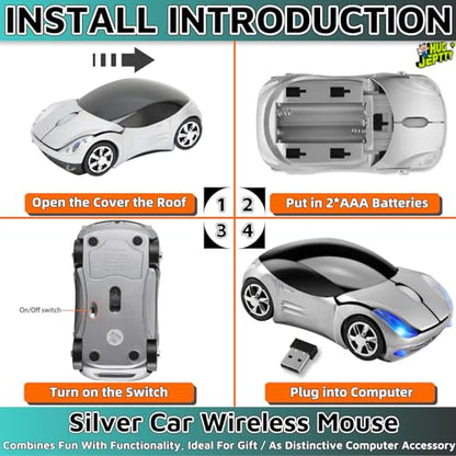 Silver Car Mouse，1600DPI 2.4G with USB Reciver Computer Mice for Computer Wireless Computer Mouse Wireless Cute Wireless Mouse for Laptop Tablet for Windows Mac OS（Silver） - color: Silver