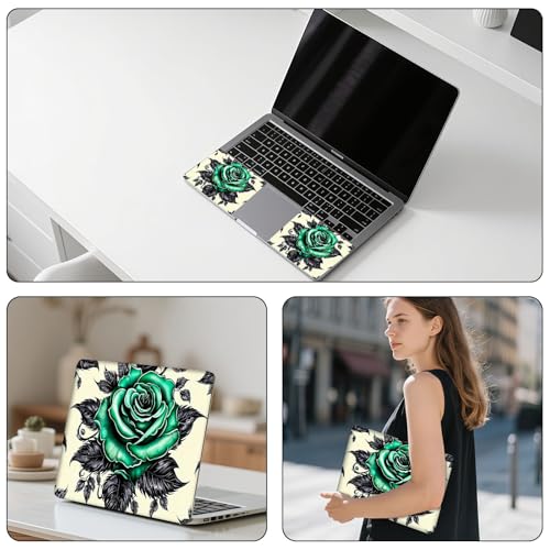 Aesthetic Laptop Skin Sticker, Green Rose with Black Leaves Waterproof Vinyl Laptop Decal, Removable Bubble Free, Reusable Protective Cover for 13 14 15 15.6 Inch - color: Green Rose with Black Leaves