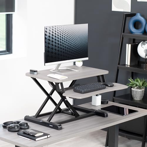 VIVO Dark Gray 26 inch Standing Desk Converter, DESK-V026KG | Height Adjustable, Stand Up Desk Riser, Wide Keyboard Tray, Dual Monitor and Laptop Workstation, Black Frame, K Series - color: Dark Gray, size: 26"
