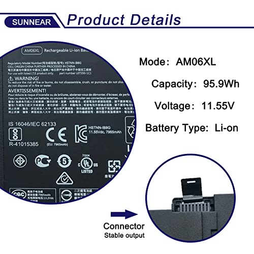 AM06XL Laptop Battery Compatible with HP Z Book 17 G5 G6 Series Laptop AMO6XL HSTNN-IB8G L07350-1C1 L07044-855 AM06095XL HSN-Q12C 11.55V 95.9Wh 8310mAh 6-Cell