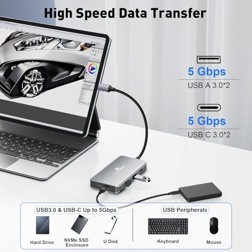 USB C Docking Station Dual Monitor, Laptop Docking Station 3 Monitor, USB C Hub Dual 4K@60Hz HDMI Display with DisplayPort Port, 5Gbps USB-A/C Data Port, 100W PD, for HP/Dell/Lenovo/Laptop