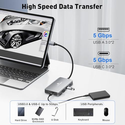 USB C Docking Station Dual Monitor, Laptop Docking Station 3 Monitor, USB C Hub Dual 4K@60Hz HDMI Display with DisplayPort Port, 5Gbps USB-A/C Data Port, 100W PD, for HP/Dell/Lenovo/Laptop