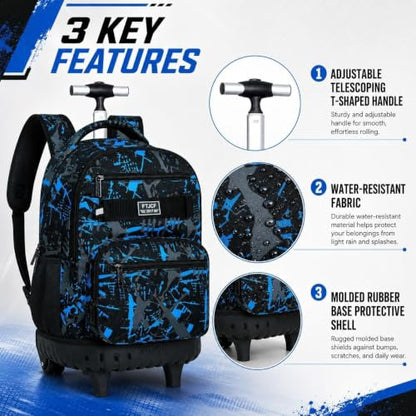 3Pcs Rolling Backpack for Boys, Men Roller Bag with Wheels for Adults, 19 Inche Graffiti Wheeled Bookbag with Lunch Box(Blue) - color: Graffiti Blue