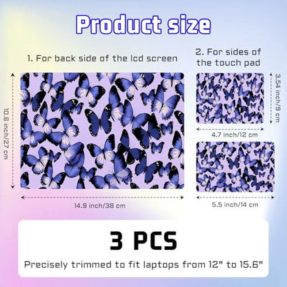 Universal Laptop Skin Sticker Decal, Compatible with MacBook HP Dell Lenovo 12"-15.6", Reusable Vinyl Notebook Cover 3PCS Set, High-Recognition Film-Blue Butterflies on Lavender - color: Blue Butterflies on Lavender