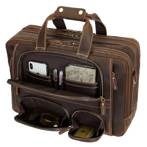 Top Cowhide Leather briefcase for men,17.3 Inch Messenger Bag Laptop Briefcase with YKK Metal Zippers Fit Business Trip - color: Brown(solid Vintage Style)