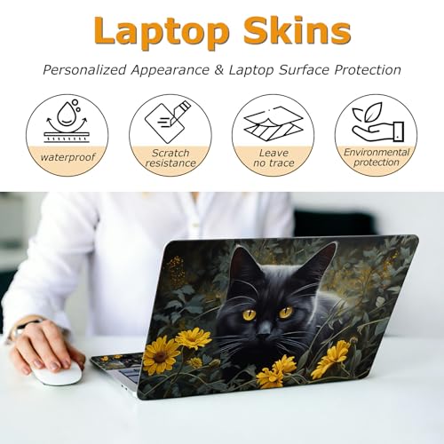 Universal Laptop Skin Sticker with 2 Wrist Pad Decals, 3-Piece Removable Vinyl Laptop Cover, Black Cat Sunflower Waterproof Anti-Scratch, Easy-Trim Fit for 13.3" 14" 15.6" Laptops - color: Black Cat Sunflower
