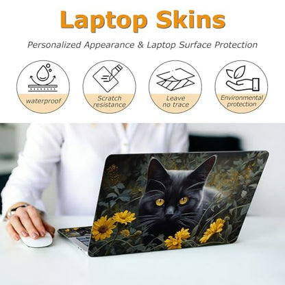 Universal Laptop Skin Sticker with 2 Wrist Pad Decals, 3-Piece Removable Vinyl Laptop Cover, Black Cat Sunflower Waterproof Anti-Scratch, Easy-Trim Fit for 13.3" 14" 15.6" Laptops - color: Black Cat Sunflower