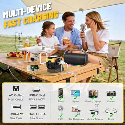 240W Power Inverter Pure Sine Wave Compatible with Dewalt 20V Battery | No Battery, 7A Fast Charger, 120V AC Outlets, USB-C (140W), 2 QC USB Ports (18W), 600LM LED,Portable Power Station - color: Yellow