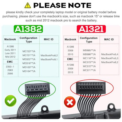 ASUNCELL A1382 A1286 Laptop Battery for 15 inch MacBook Pro 8,2 9,1 MacBook Pro Battery A1286 (Mid 2012 Early 2011 Late 2011) - color: A1382