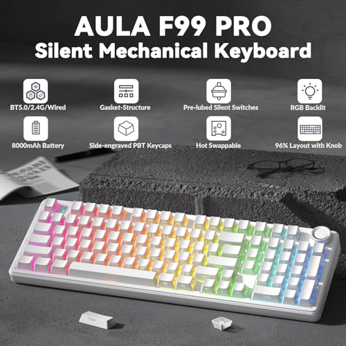 AULA F99 Pro Wireless Mechanical Keyboard-Silent Version,BT5.0/2.4GHz/USB-C Hot Swappable Custom Keyboard,Gasket Structure,Pre-lubed Linear Switches RGB Backlit Computer Gaming Keyboards,White - color: White