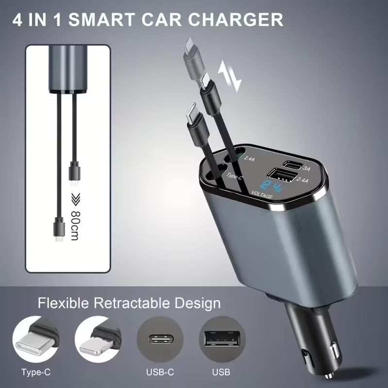 1Pc 120W 4-in-1 Telescopic Car Charger with 180° Rotating Base, 2.6 Feet (79.25Cm) Multi-Protocol Transmission Cable (PD, QC3.0), USB Type-C, Fast Charging Adapter Compatible with iPhone and Andorid