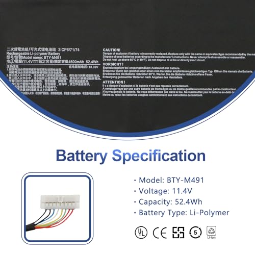 BTY-M491 Laptop Battery Replacement for MSI Modern 15 A10M A10M-028DE A10M-029 A10RAS A10RAS-076FR A10RB A10RB-041TW A10RD A11M A11SB A4M A4MW Summit B15 A11M Stealth 15M 11.4V 52.4Wh（White Connector）