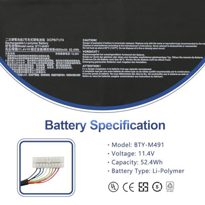BTY-M491 Laptop Battery Replacement for MSI Modern 15 A10M A10M-028DE A10M-029 A10RAS A10RAS-076FR A10RB A10RB-041TW A10RD A11M A11SB A4M A4MW Summit B15 A11M Stealth 15M 11.4V 52.4Wh（White Connector）