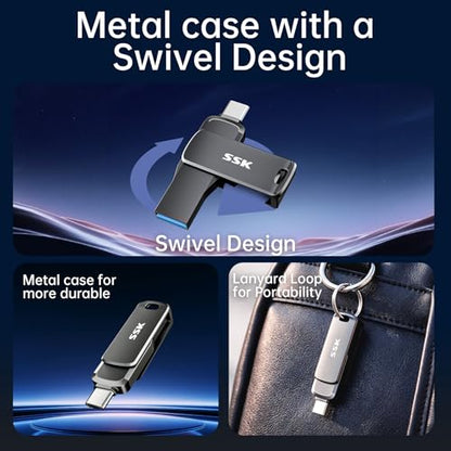 SSK 128GB Flash Drive up to 450MB/s Thumb Drive USB C+A 3.2 Memory Stick | Support OTG,Dual Connection,1GB in 2.3s,2 in 1 Pendrive for iPhone 15/16/17/Android/Laptop,Zinc Alloy Keyhole - size: 128GB