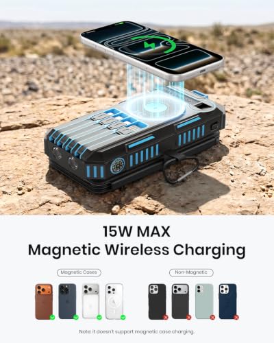 FEELLE Solar Power Bank 50000mAh Magnetic Portable Charger with Hand Crank | Built in 4 Cables & 4 Solar Panels, PD QC 3.0 Fast Charging Battery Pack, Flashlight for Outdoor, Charge 6 Devices at Once - color: Blue