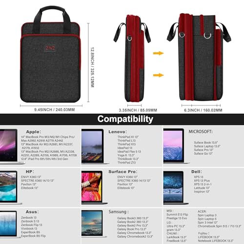 Laptop Shoulder Bag 12.3-13 inch Case Sleeve, Expandable Handbag with Valuables Compartment Compatible with MacBook Air/Pro/Neo 13", iPad 12.9"/13"/11", Shockproof,Black-Wine edge - color: Black-wine Edge