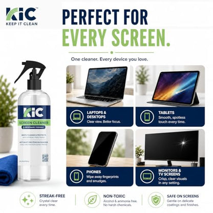 KIC> CrystalVu Screen Cleaner Spray Kit with Microfiber Cleaning Cloth – Streak-Free for TV, Phone, Laptop, Monitor & Tablet – NSF Certified Safe Formula – 1 Reusable Microfiber Towel - 16oz - size: 16 Fl Oz (Pack of 1)
