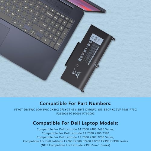 60Wh F3YGT Laptop Battery Compatible with Dell Latitude 12 7000 7280 7290 13 7380 7390 P29S002 14 7480 7490 P73G002 E7480 E7280 E7290 DM3WC DM6WC 2X39G - size: F3YGT for Dell