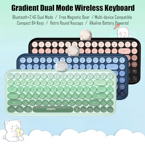 Colorful Wireless Keyboard with Magnetic Bear, Bluetooth/2.4G Dual Mode, Compact TKL Quiet Membrane Keyboard, Cute Gradient Retro Round Keycaps, Compatible with PC/Laptop/Tablet/Smartphone (Green) - color: Green