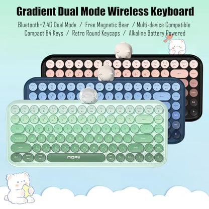 Colorful Wireless Keyboard with Magnetic Bear, Bluetooth/2.4G Dual Mode, Compact TKL Quiet Membrane Keyboard, Cute Gradient Retro Round Keycaps, Compatible with PC/Laptop/Tablet/Smartphone (Green) - color: Green