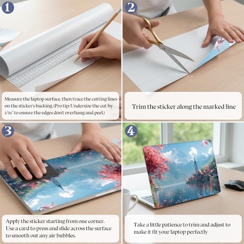 Universal Laptop Skin Sticker Decal,15.6 Inch Laptop Vinyl Cover for 13" 14" 15.6" Laptop,Scratch-Resistant Waterproof Protector Wrap,Reusable with Wrist Pads,Cherry Blossom Lake Village - color: Cherry Blossom Lake Village