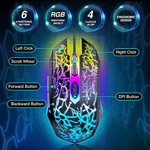 BENGOO Gaming Mouse Wired with RGB Backlit, Ergonomic PC Computer Mice | 4 Adjustable DPI up to 3600, 6 Programmable Buttons, Optical Gamer Mouse for PC Laptop Windows 7/8/10/XP Vista Linux