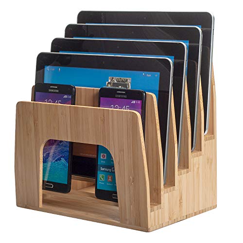 MobileVision Bamboo Multi Device Inclined Organizer for Smartphones, Tablets and Laptops, Upright Sections, Step Sorter, 5 Slots - color: Inclined Bamboo 5-Slot