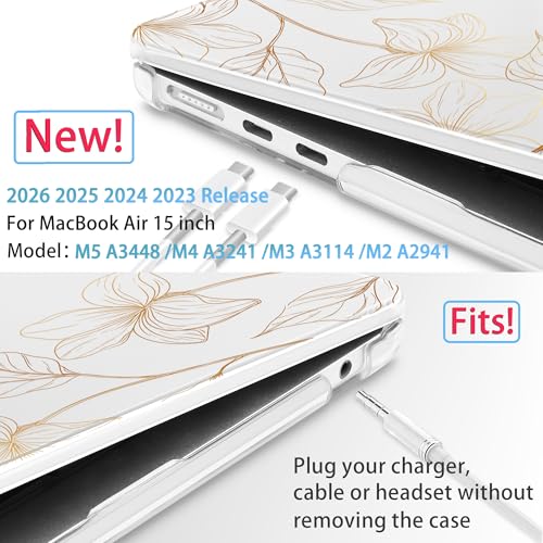 Mektron for 2026/2025/2024/2023 MacBook Air 15 INCH M5 A3448 /M4 A3241 /M3 A3114 /M2 A2941 Case, Printed Plastic Hard Shell Cover with 15.3" Liquid Retina Display Touch ID, Gold Flower S718 - color: Gold Flower S718
