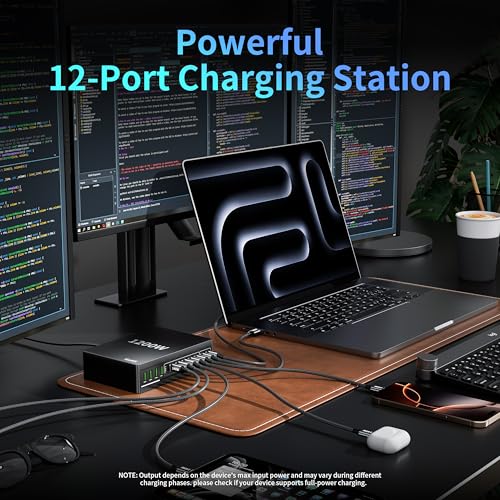 1200W USB C Charger Block Fast 12 Port MacBook Pro Charging Station | 140W PD PPS AVS HUB for All iPhone 17 Pro Max/17 Air/16 SE/Samsung Galaxy 26/ MacBook Pro/Air/iPad Pro/240W Cable - color: Black