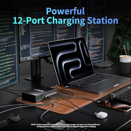 1200W USB C Charger Block Fast 12 Port MacBook Pro Charging Station | 140W PD PPS AVS HUB for All iPhone 17 Pro Max/17 Air/16 SE/Samsung Galaxy 26/ MacBook Pro/Air/iPad Pro/240W Cable - color: Black
