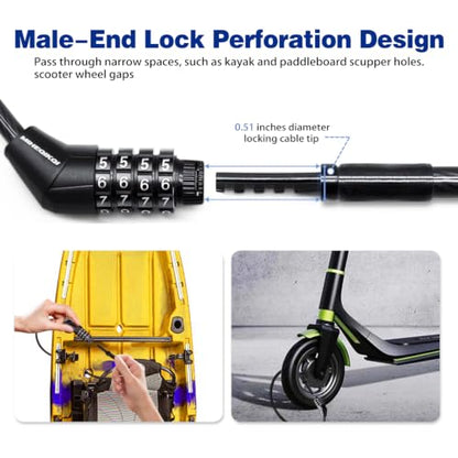 12ft Long Straight Cable Lock with Resettable Combination, Weatherproof Security Kayak Lock, Unique Thin Cable Combination Lock for Kayaks, Paddle Boards, Dock, Bike, Scooters, Canoe and Outdoor Gear