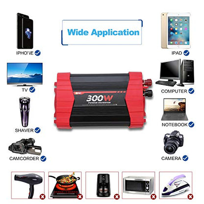 BYGD 300W Car Power Inverter, DC 12V to 110V AC Vehicle Plug Adapter Converter with 4 USB Quick Charging Ports and Dual AC Outlets Car Charger Equipped Cigarette Lighter Cable and Battery Clamps Red - size: 300W
