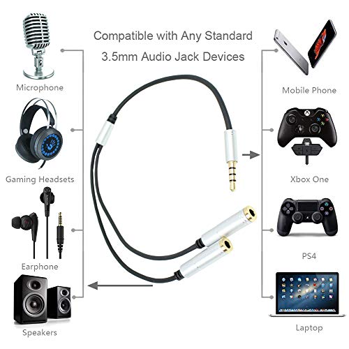 Silver Headset Y Splitter Audio Adapter Cable 3.5mm Male to 2 Female Mic Audio CTIA Headphone Adapter Compatible with PC Gaming Headset,PS4,Xbox One,Notebook,Android iPhone Tablet MP3
