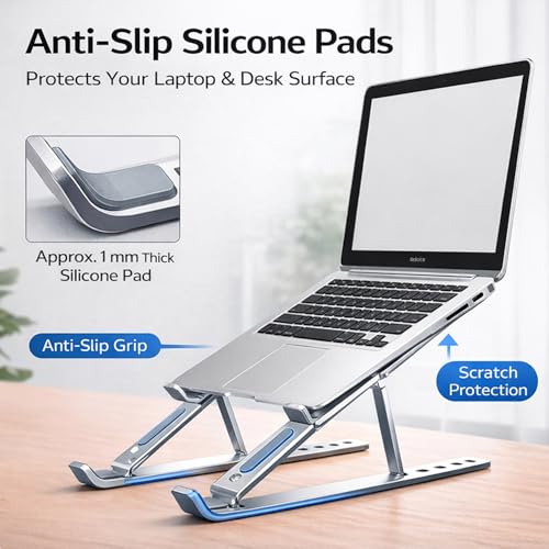 Portable Foldable Laptop Stand for Travel, Adjustable Aluminum Laptop Stand Riser for Desk, Ergonomic Computer Stand with Pouch for 16–18 Inch Laptops (Silver)