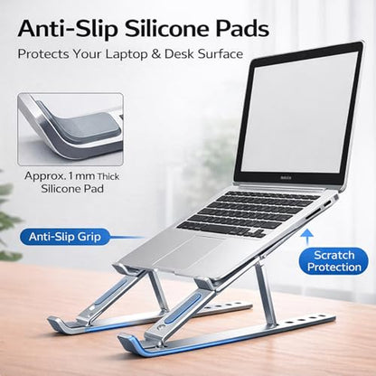 Portable Foldable Laptop Stand for Travel, Adjustable Aluminum Laptop Stand Riser for Desk, Ergonomic Computer Stand with Pouch for 16–18 Inch Laptops (Silver)